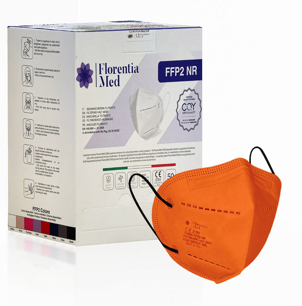 Mascherine FFP2 Arancio MADE IN ITALY Certificate CE Categoria DPI: III, conformi EN 149:2001 + A1:2009. Confezionate e sigillate singolarmente